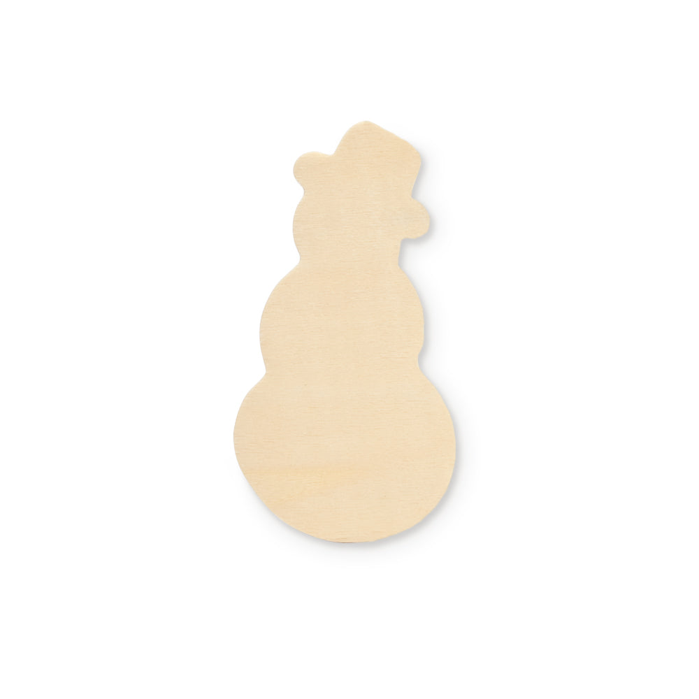 Unfinished birch plywood snowman cutout, 4-1/4 inches tall, natural wood tone silhouette with rounded body and hat shape