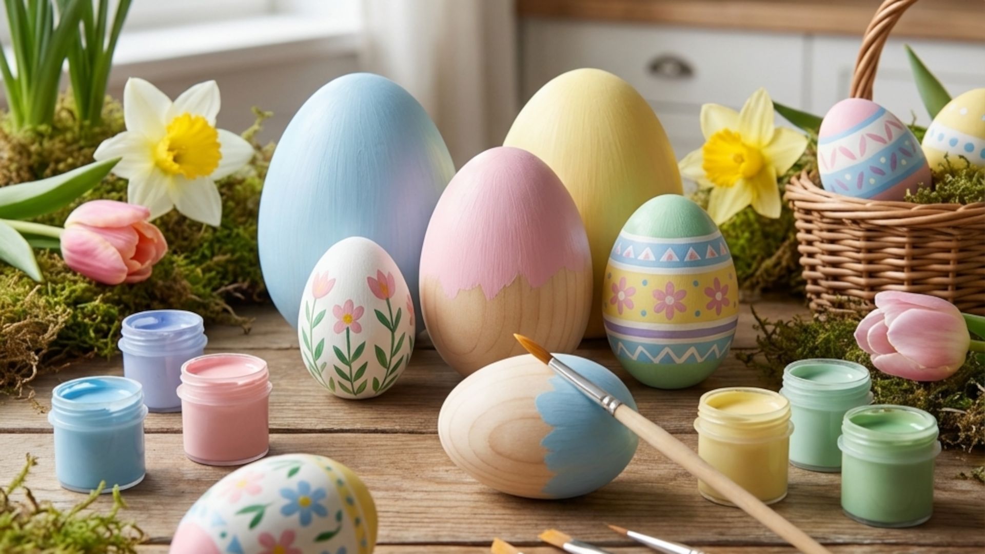 Painted and unfinished wooden Easter eggs arranged with open paint jars and small paint brushes on a light tabletop