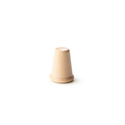 Unfinished birch wood thimble, 1-1/8 inches tall, classic thimble shape with tapered sides and flat base rim, natural wood tone