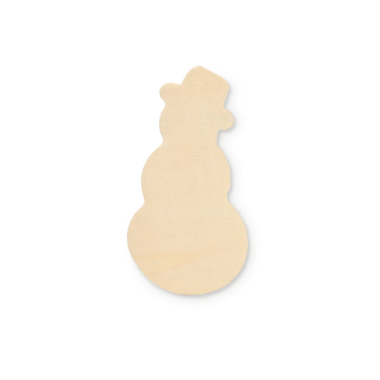 Unfinished birch plywood snowman cutout, 4-1/4 inches tall, natural wood tone silhouette with rounded body and hat shape