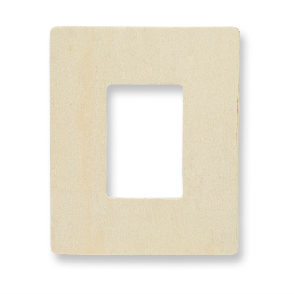 Unfinished 6 by 5 inch birch plywood frame cutout with a 3 by 2 inch rectangular opening in the center, natural wood tone